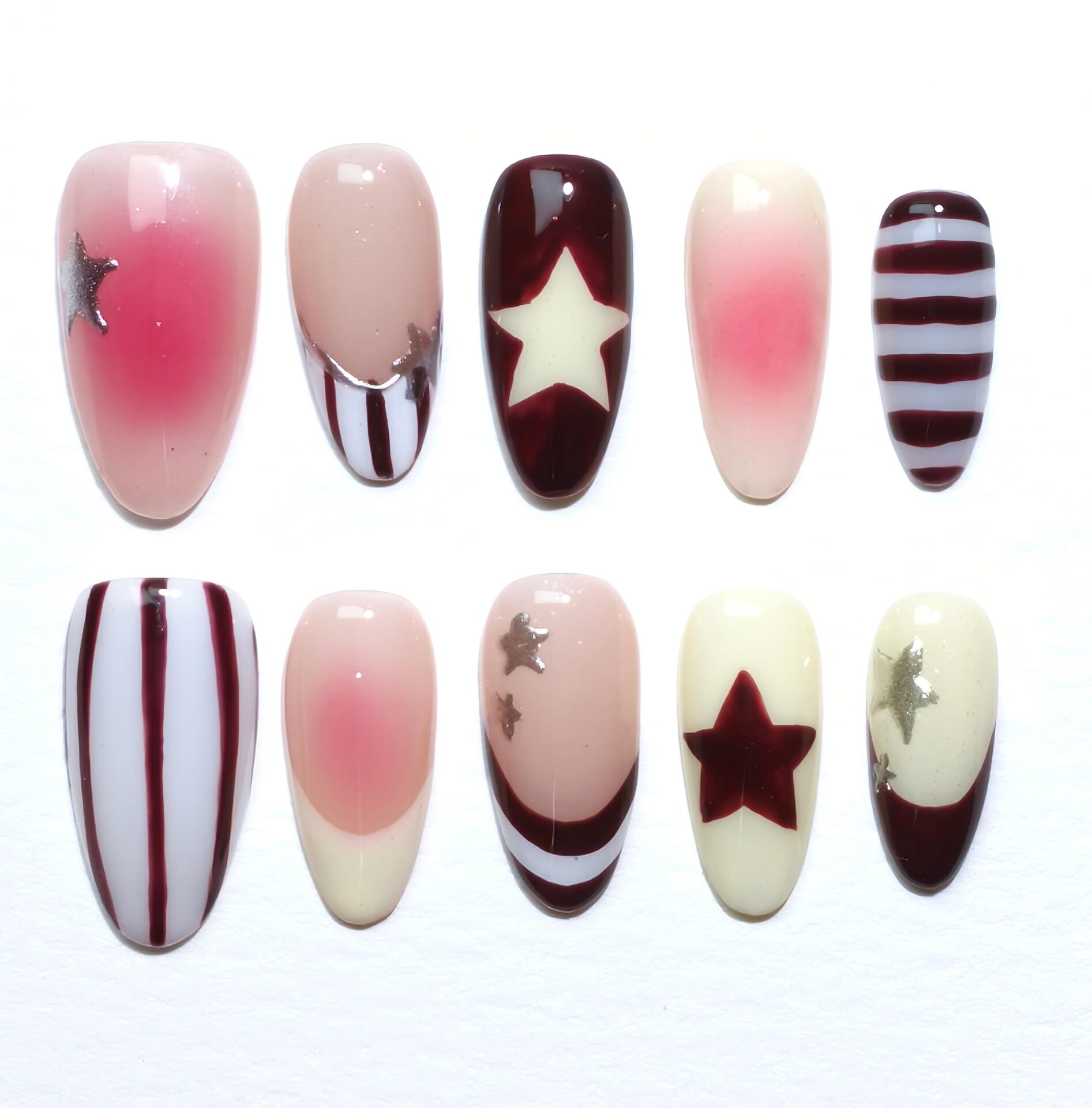 Retro Star & Stripe Press-On Nails – Handcrafted Blush Gradient Almond Nail Art