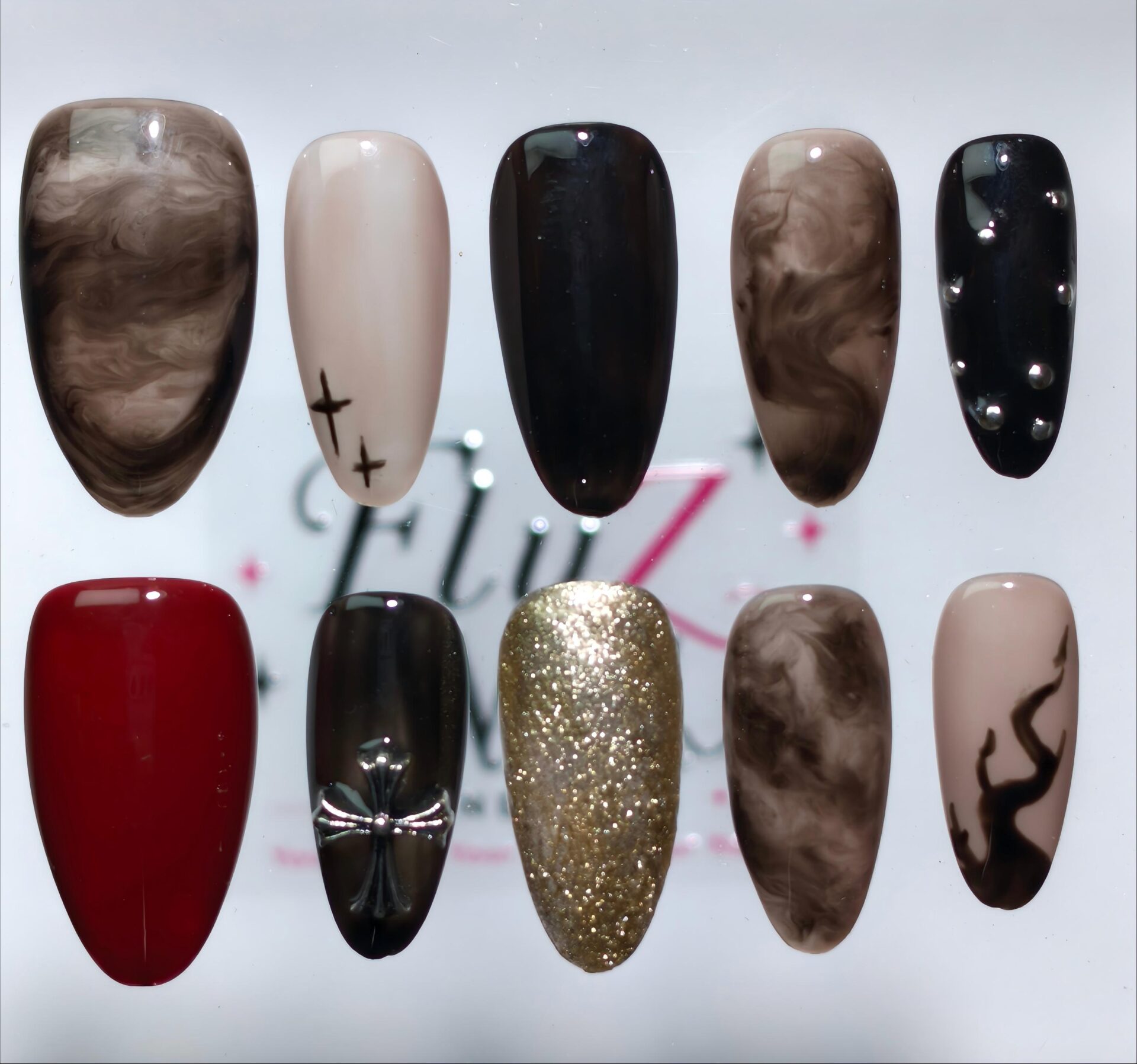 Moody Dark Marble Cross Press-On Nails – Handcrafted Grunge Almond Nail Art