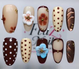 Vintage Floral Polka Dot Press-On Nails – Handcrafted 3D Flower Almond Nail Art