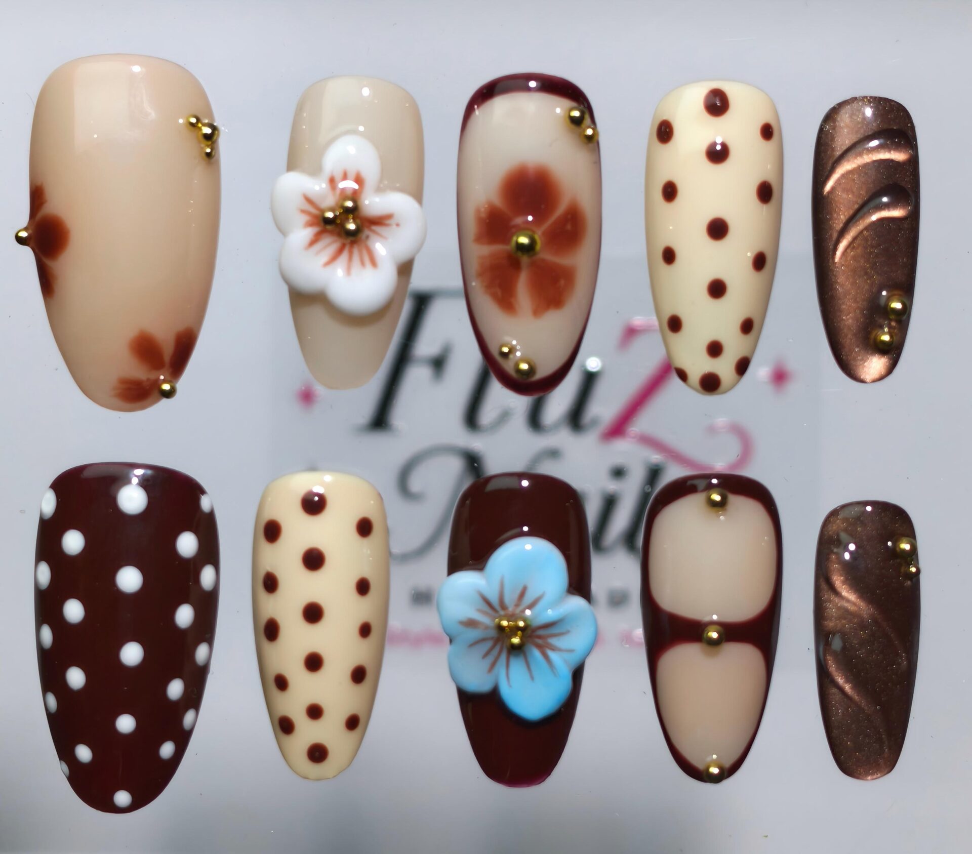 Vintage Floral Polka Dot Press-On Nails – Handcrafted 3D Flower Almond Nail Art