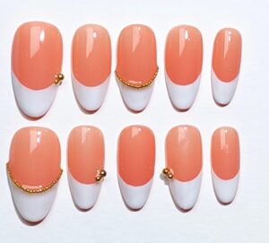Elegant Coral French Press-On Nails – Gold Accent Minimalist Nail Art