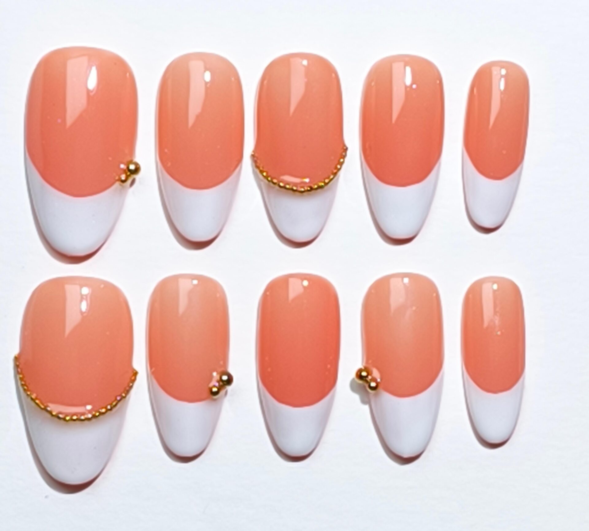 Elegant Coral French Press-On Nails – Gold Accent Minimalist Nail Art