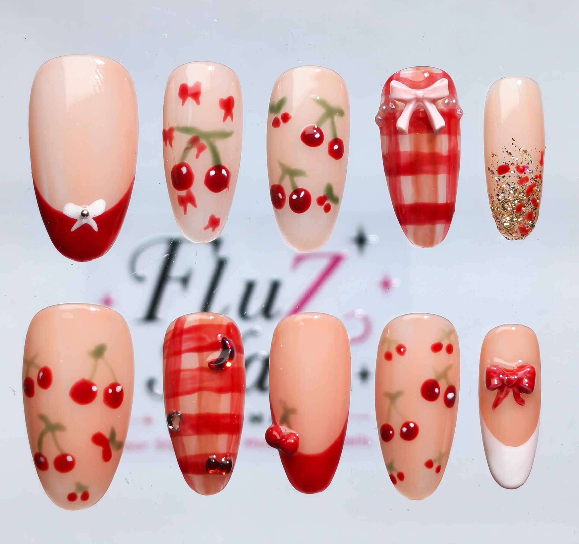 Playful Cherry & Bow Gingham Press-On Nails – Handcrafted Sweet Almond Nail Art
