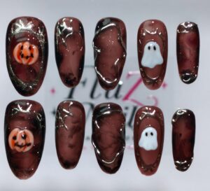 Cute Spooky Halloween Press-On Nails – Handcrafted Pumpkin & Ghost Almond Nail Art