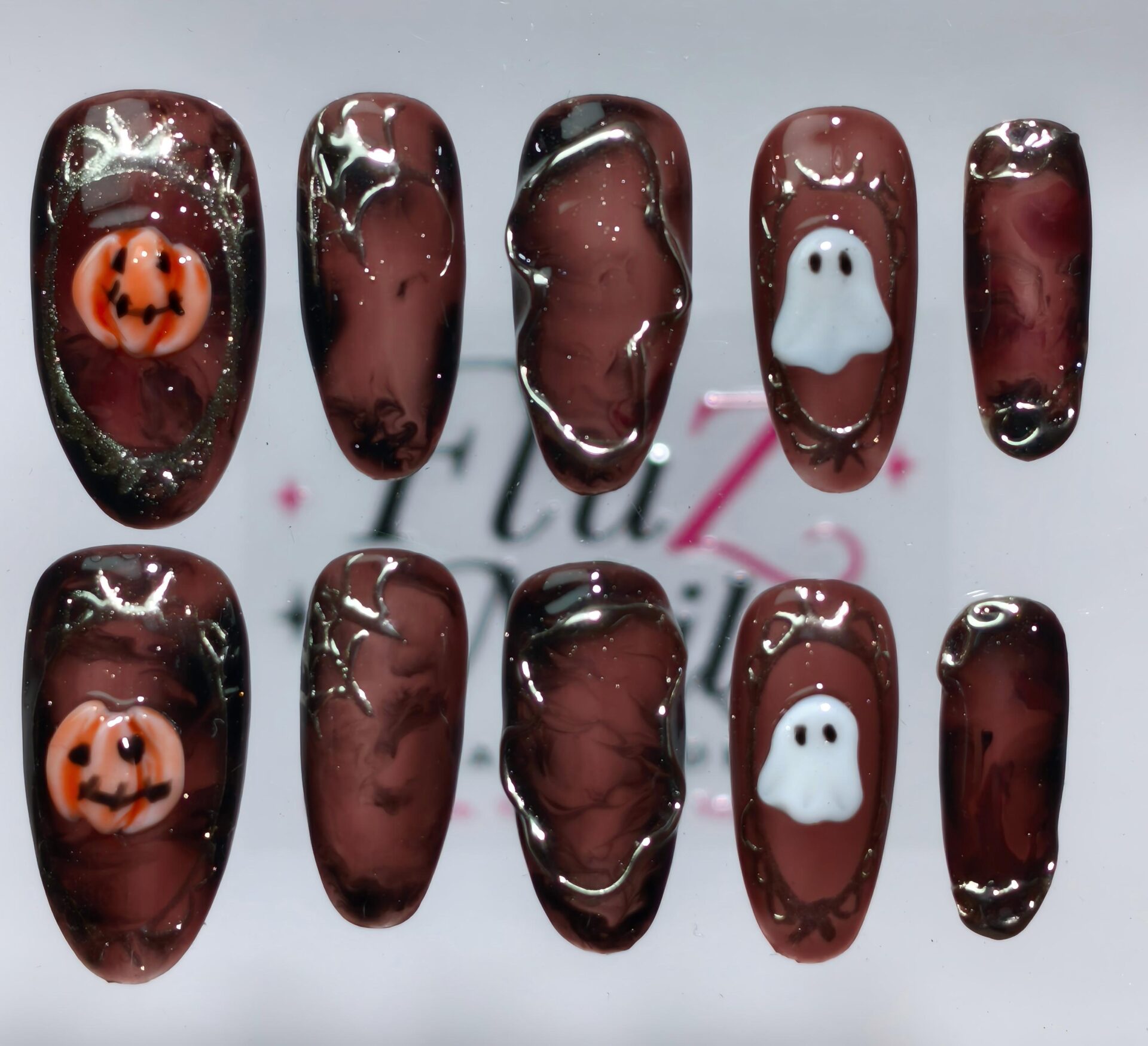 Cute Spooky Halloween Press-On Nails – Handcrafted Pumpkin & Ghost Almond Nail Art