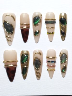 Emerald Gemstone Press-On Nails – Handcrafted Gold Framed Jewelry Almond Nai